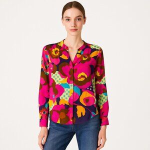 Karlie NWT Pink Floral Polka Dot Button Up Blouse M Bold Retro Print Top